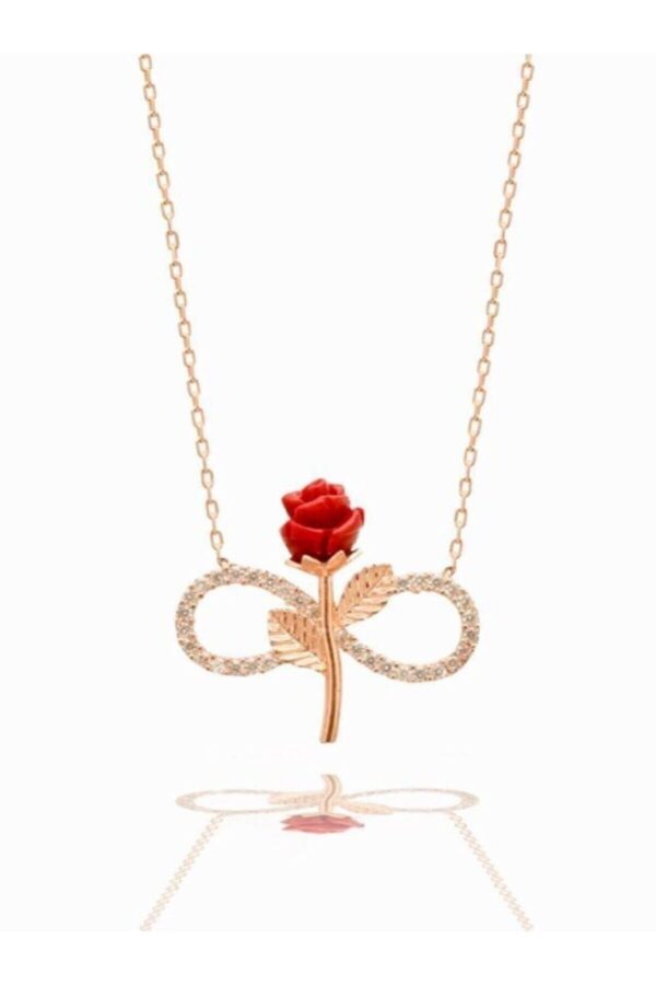 925 Ayar Gümüş Zincirli Rose Kaplama Zirkon Taşlı Sonsuzluk Gül Model Kolye