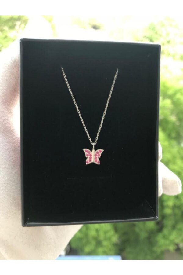 925 Ayar Gümüş Zincirli Kırmızı Zirkon Taşlı Kelebek Model Kolye