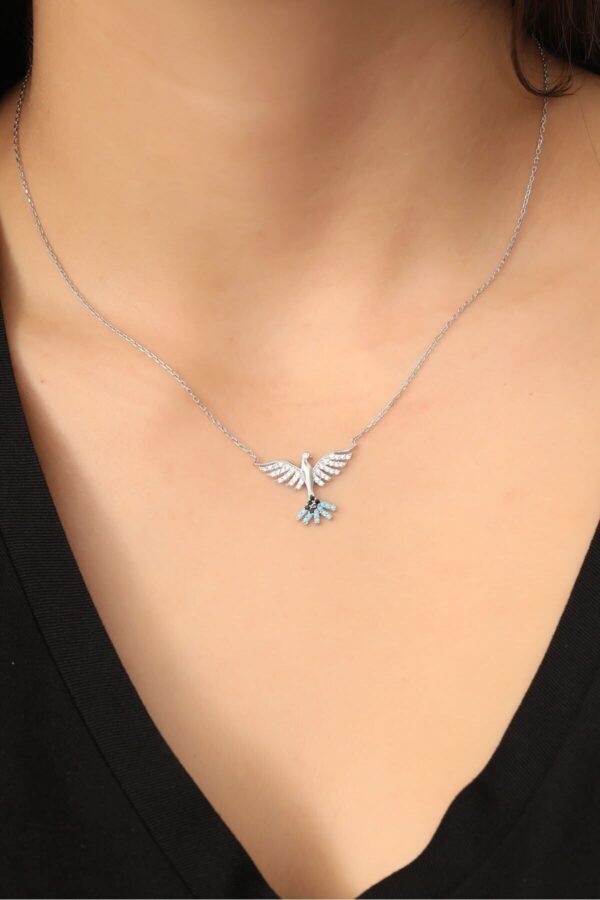 925 Ayar Gümüş Zincirli Firuze Siyah Taşlı Anka Kuşu Kolye - Sertifikalı