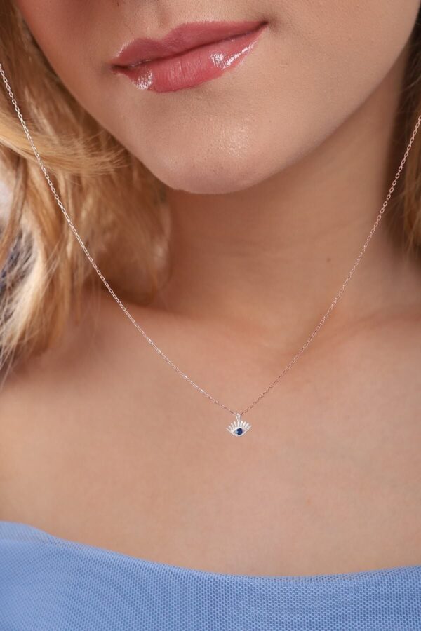 925 Ayar Gümüş Zincirli Mavi Taşlı Minimal Kirpik Göz Kolye
