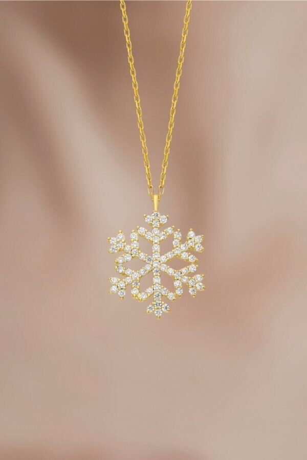 925 Ayar Gümüş Zincirli Altın Kaplama Zirkon Taşlı Kar Tanesi Kolye