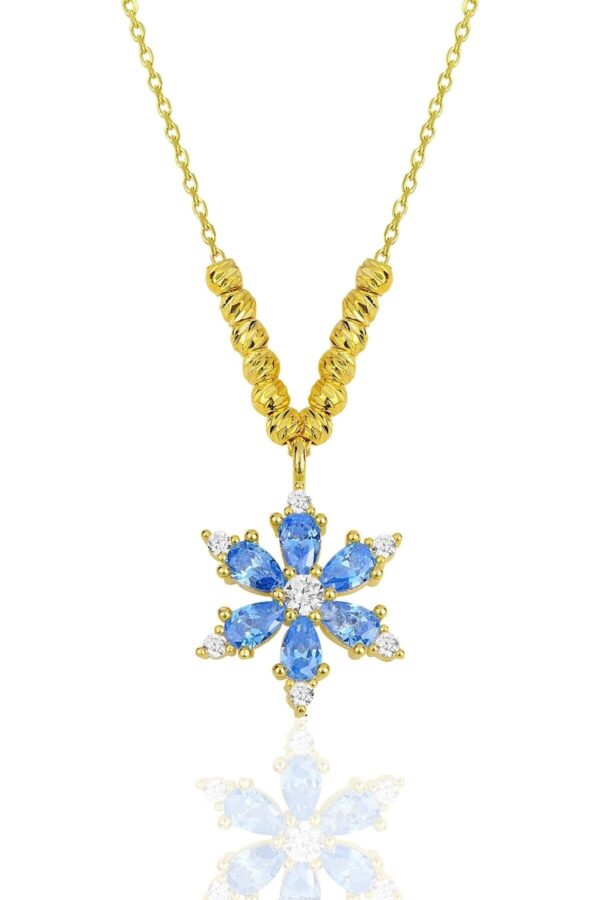 925 Ayar Gümüş Zincirli  Dorika Toplu Aquamarin Taşlı Kamelya Lotus Çiçeği Kolye