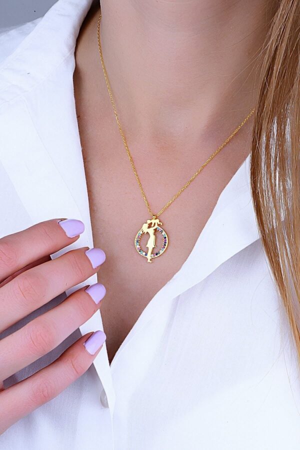 925 Ayar Gümüş Zincirli Altın Kaplama Miks Taşlı Anne Çoçuk Sevgi Kolye