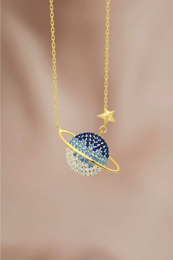 925 Ayar Gümüş Zincirli Altın Kaplama Renk Geçişli Gezegen Satürn Kolye