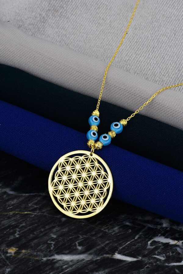 925 Ayar Gümüş Zincirli Altın Kaplama Nazar Boncuk Dorika Toplu Yaşam Çiçeği Kolye