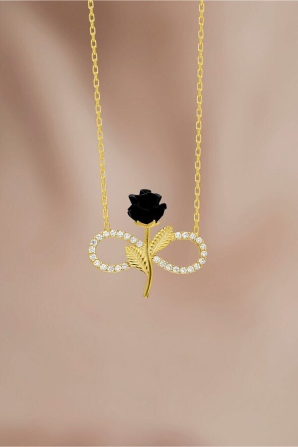 925 Ayar Gümüş Zincirli Altın Kaplama Zirkon Taşlı Siyah Gül Sonsuzluk Model Kolye