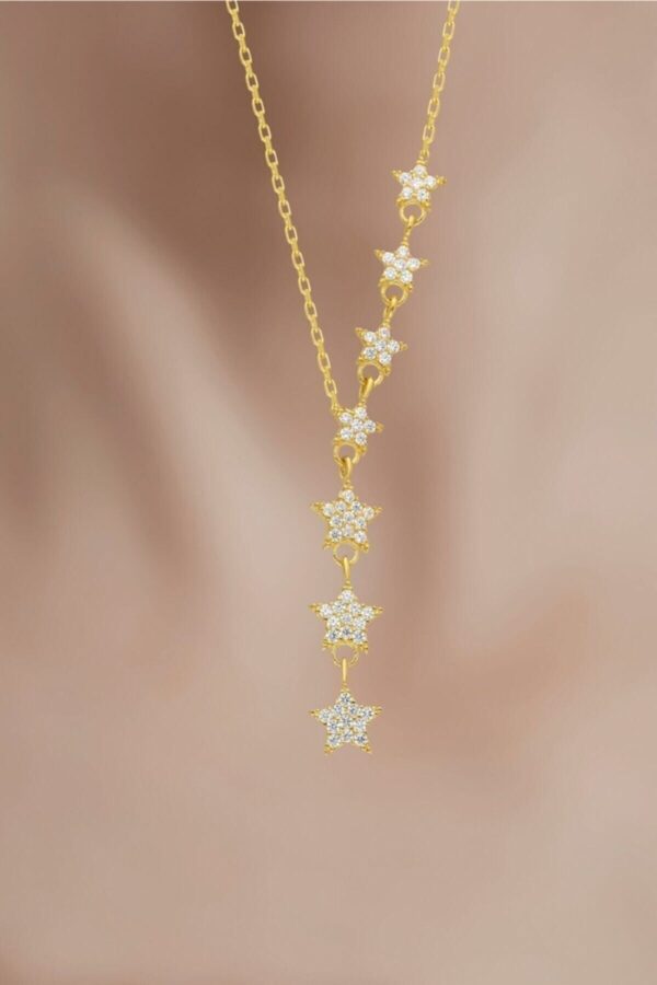 925 Ayar Gümüş Zincirli Altın Kaplama Zirkon Taşlı Sıralı Yıldız Kolye