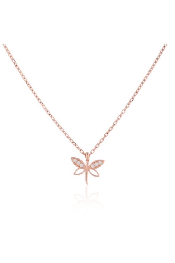 925 Ayar Gümüş Zincirli Rose Kaplama Zirkon Taşlı Minimal Yusufçuk Kolye