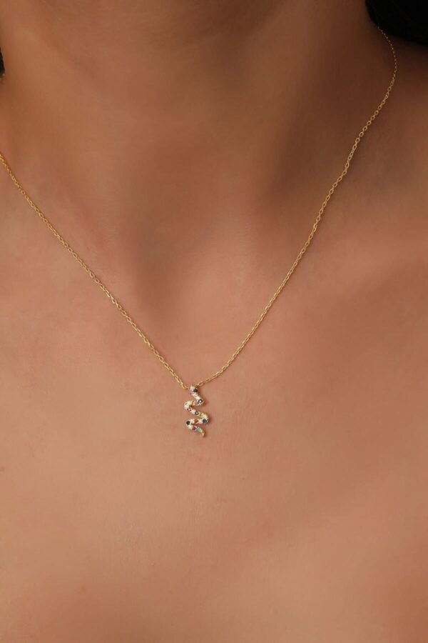 925 Ayar Gümüş Zincirli Altın Kaplama Mix Taşlı Yılan Kolye