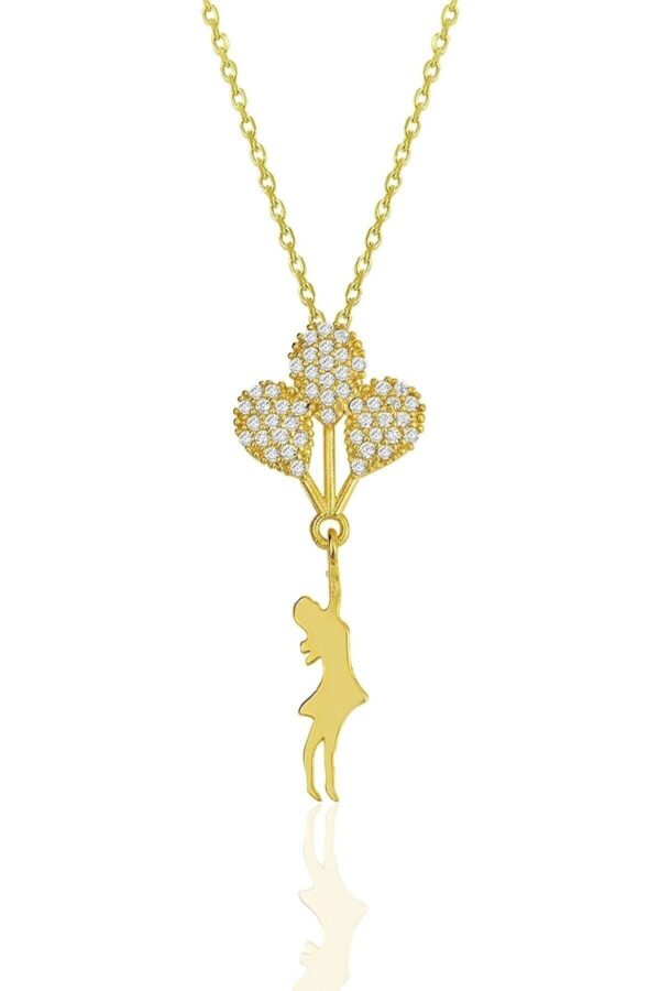 925 Ayar Gümüş Zincirli Altın Kaplama Zirkon Taşlı Balonlu Kız Kolye - Sertifikalı