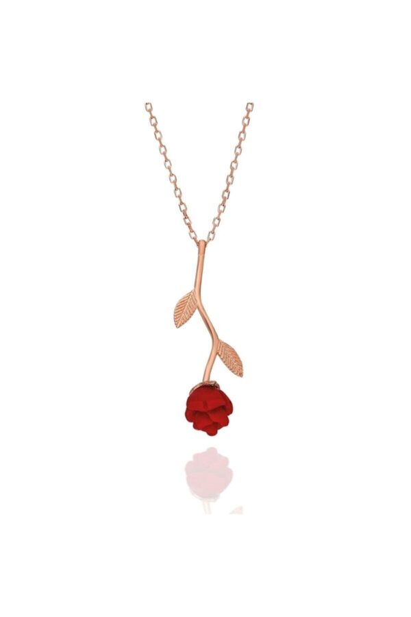 925 Ayar Gümüş Zincirli Rose Kaplama Kırmızı Güllü Kolye