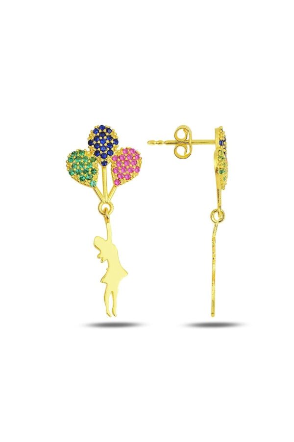 Gümüş Altın Kaplama Renkli Zirkon Taşlı Balonlu Kız Küpe