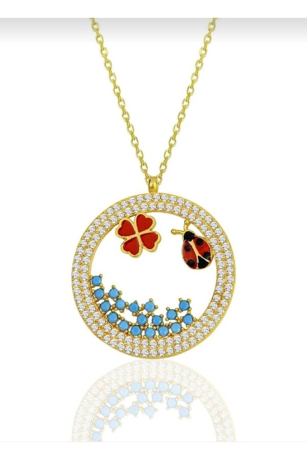 14 Ayar Altın Zincirli Zirkon Taşlı Yonca Uğur Böceği Doğa Kolye