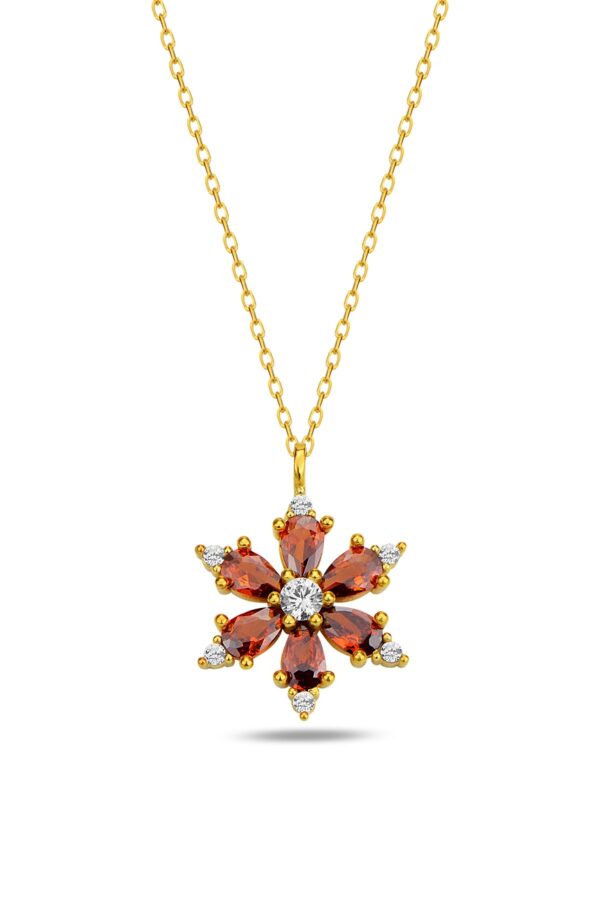 14 Ayar Altın Zincirli Garnet Damla Taşlı Lotus Çiçeği Kolye - Sertifikalı Işıklı Kutuda
