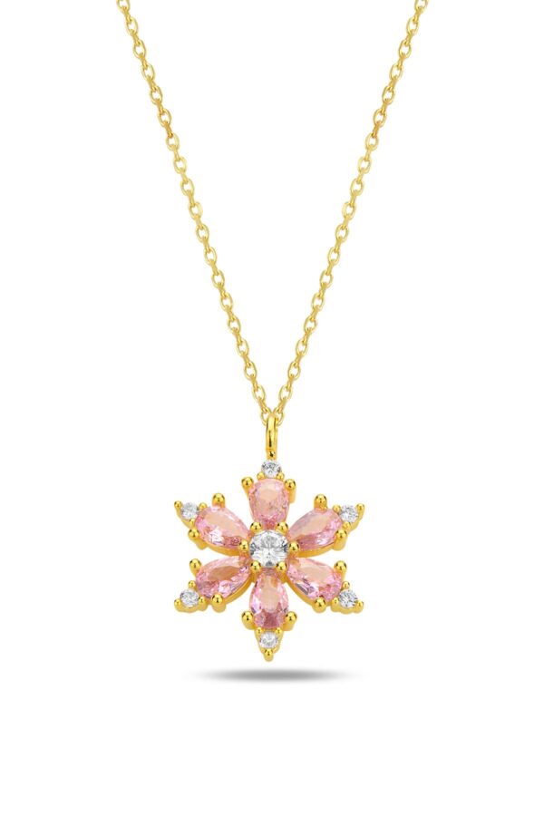 14 Ayar Altın Zincirli Pembe Damla Taşlı Lotus Çiçeği Kolye Sertifikalı - Işıklı Kutuda