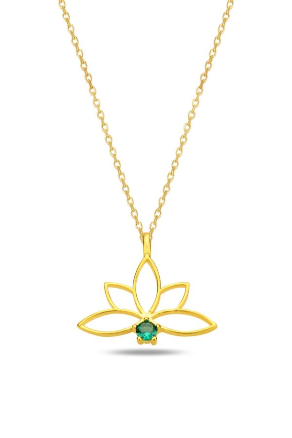 14 Ayar Altın Zincirli Zümrüt Yeşil Taşlı Lotus Çiçeği Kolye - Sertifikalı Işıklı Kutuda