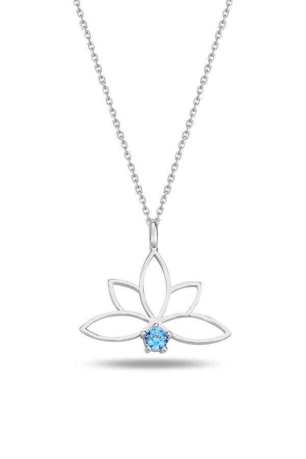 925 Ayar Gümüş Zincirli Akuamarin Taşlı Lotus Çiçeği Kolye - Sertifikalı