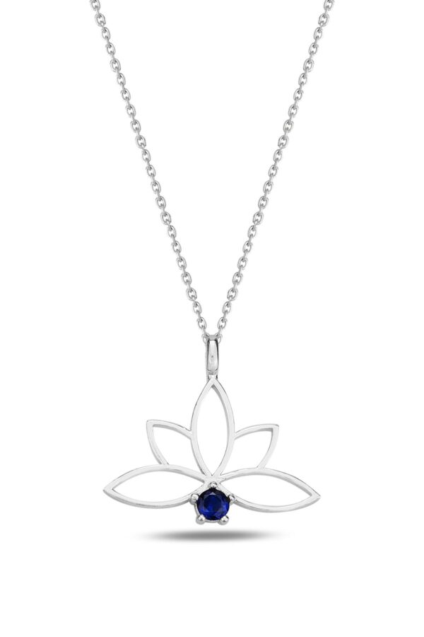 925 Ayar Gümüş Zincirli Safir Mavi Taşlı Lotus Çiçeği Kolye - Sertifikalı