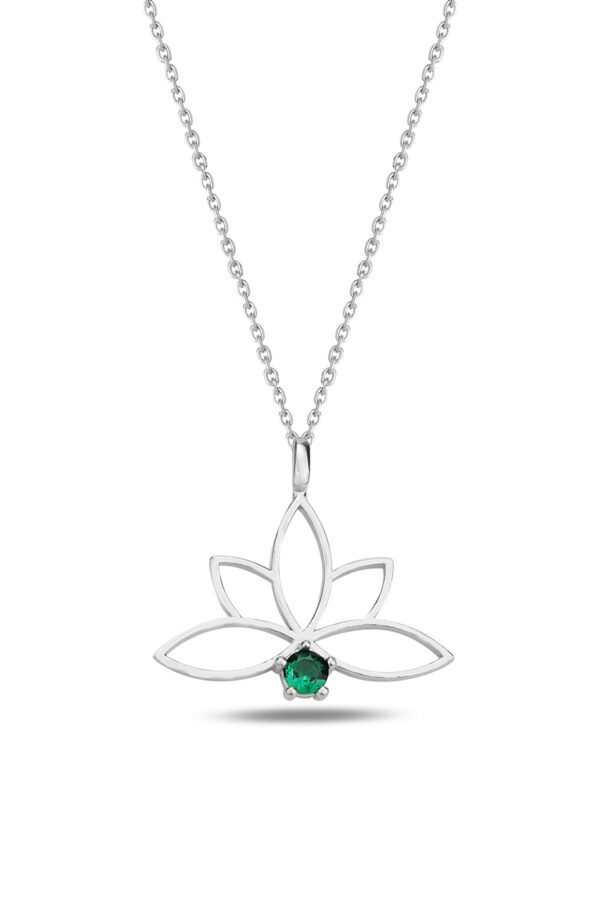 925 Ayar Gümüş Zincirli Zümrüt Yeşil Taşlı Lotus Çiçeği Kolye - Sertifikalı