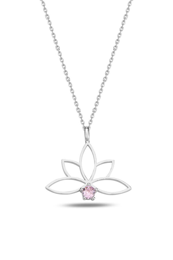 925 Ayar Gümüş Zincirli Pembe Aşk Taşlı Lotus Çiçeği Kolye - Sertifikalı