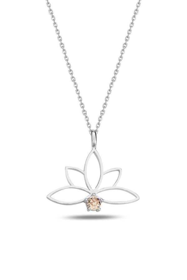 925 Ayar Gümüş Zincirli Şampanya Taşlı Lotus Çiçeği Kolye - Sertifikalı