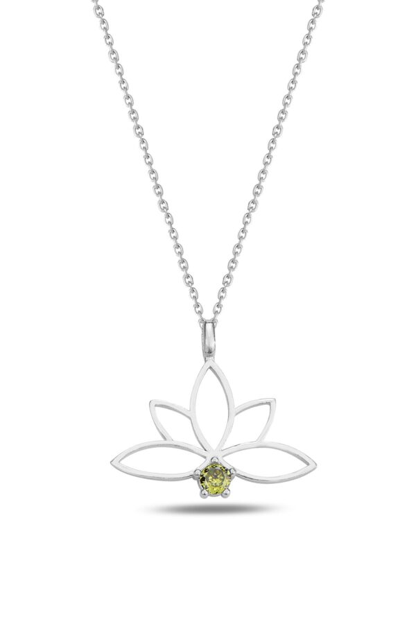 925 Ayar Gümüş Zincirli Oliv Taşlı Lotus Çiçeği Kolye - Sertifikalı